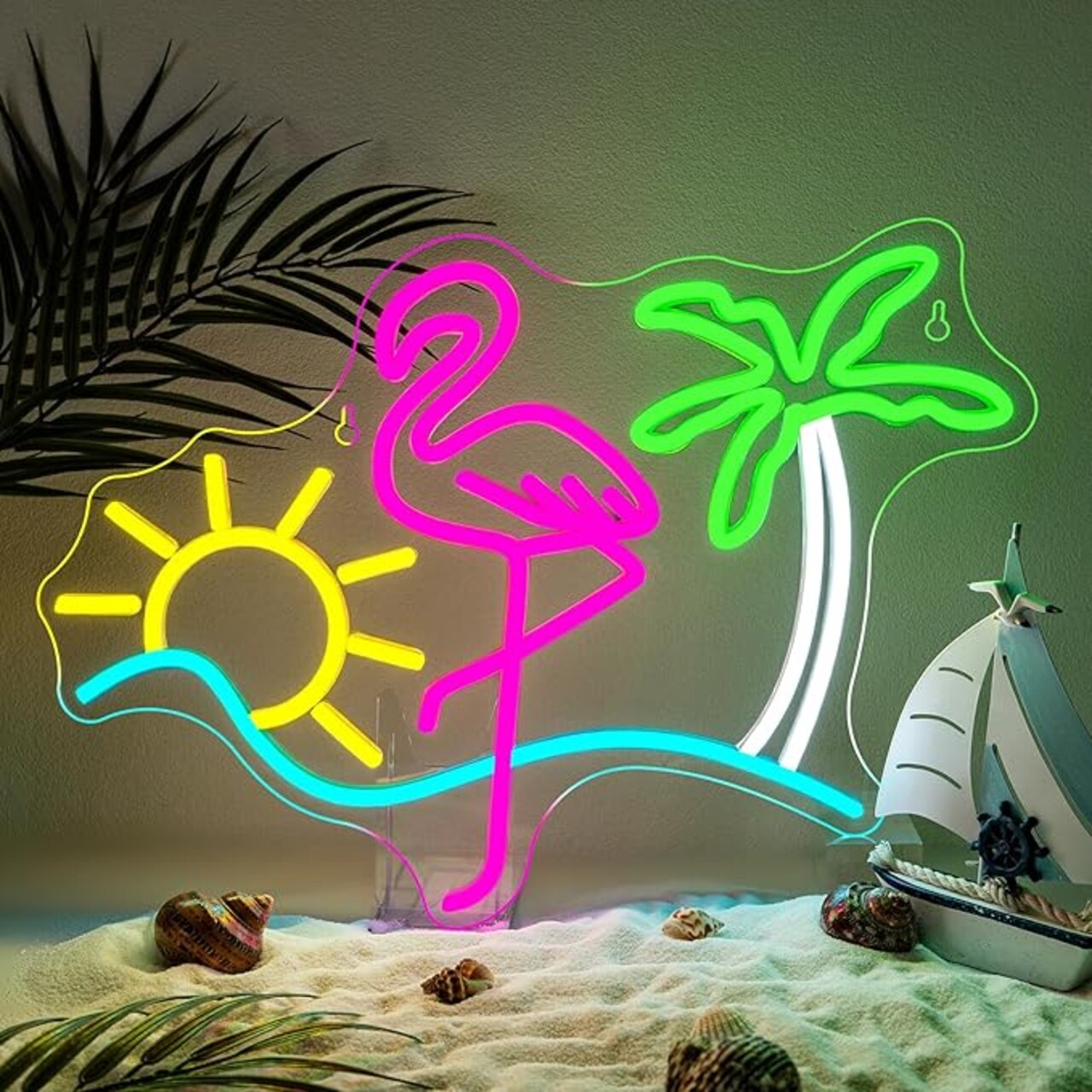 Flamingo Sun Palm Tree Neon Signs for Wall Decor Funny Dimmable LED Neon Light Sign USB Powered for Home Bar Cart Summer Beach Restaurant Man Cave Decor Beer Cafe Bistro Club Party
